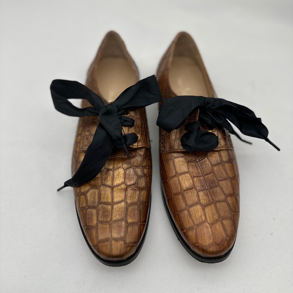 Cole Haan Brown Crocodile Pattern Flats with Black Ribbon